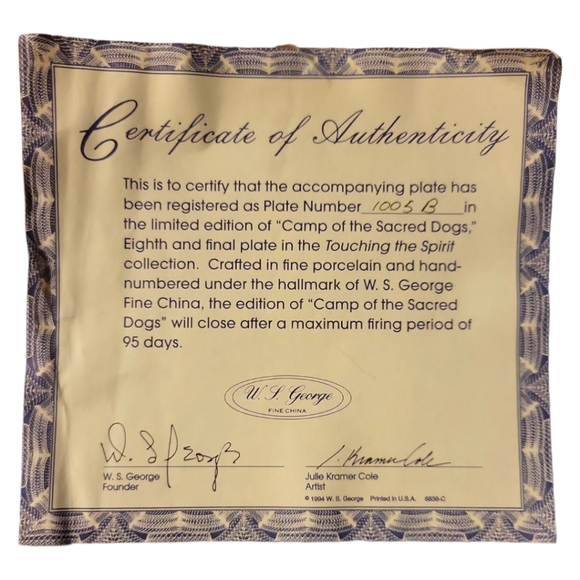 Vtg 94 Camp Of The Sacred Dogs W.L. George COA Porcelain Gold Plate Painted Pony - Picture 5 of 6